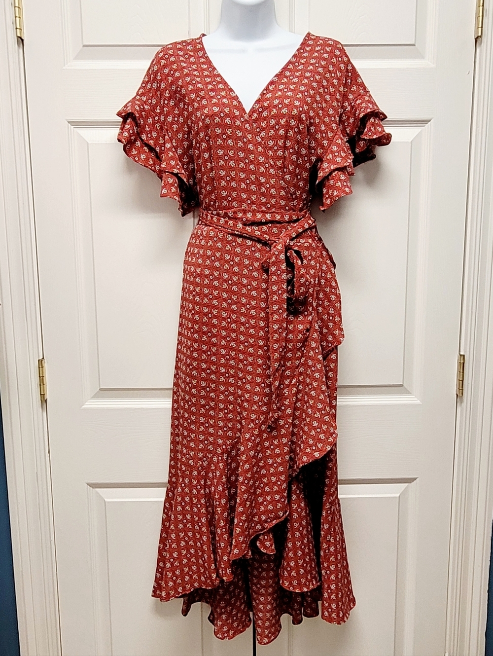 Max Studio Rust Floral Wrap Midi Dress with Ruffle Sleeves